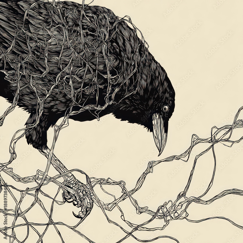 Fototapeta premium Monochrome illustration of a raven perched on winding branches, pecking downwards