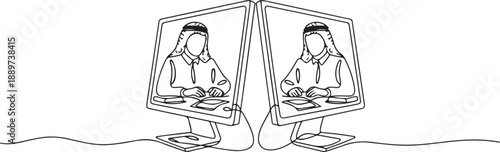 Single continuous line drawing two monitors are standing in front of each other, one side contains Arab male student studying and the other contains. one line Icon drawing