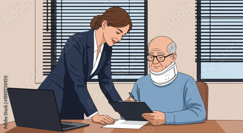 A woman in a business suit assisting an injured man with a neck brace at a desk with a laptop and documents in an office setting.
