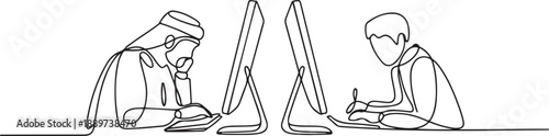 Single continuous line drawing two monitors are standing in front of each other, one side contains Arab male student studying and the other contains. one line Icon drawing