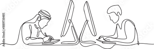 Single continuous line drawing two monitors are standing in front of each other, one side contains Arab male student studying and the other contains. one line Icon drawing