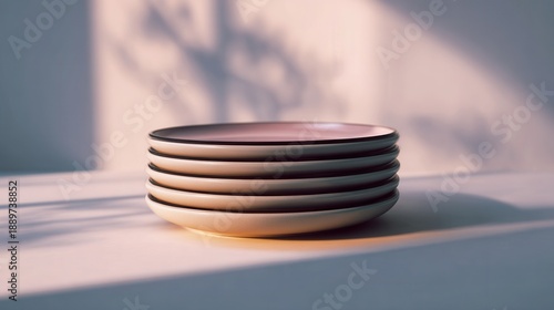 Stacked ceramic plates casting artistic shadows