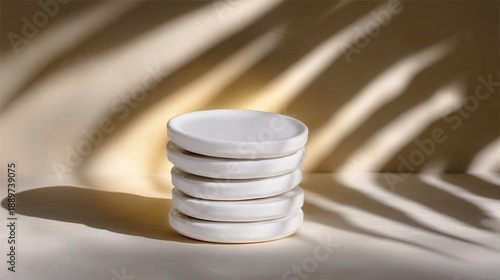 Stack of ceramic plates with natural light shadows
