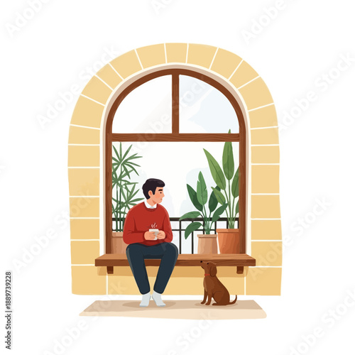 Man sitting on bench with cat by arched window with plants