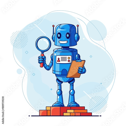 Blue robot holding a magnifying glass and a clipboard standing on steps