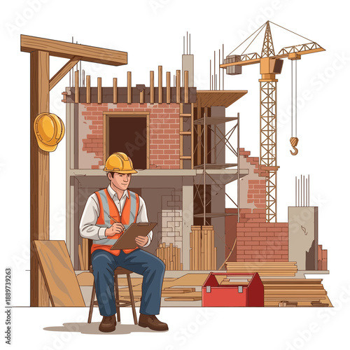 Man in construction site reading a book sitting on a chair