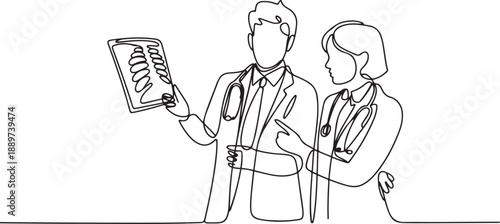 One continuous single line drawing of young male and female doctor discussing and diagnosing patient x-ray photo result together. Medical healthcare concept. one line Icon drawing