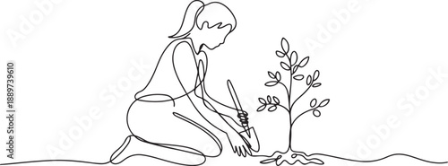 Single continuous line drawing young woman planting a tree in the garden. Ecology concept. The spring planting. Early seedlings grown from seeds. Agriculture. Earth day. one line Icon drawing