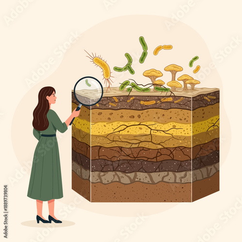 A woman examining a soil crosssection with a magnifying glass, looking at layers and microorganisms