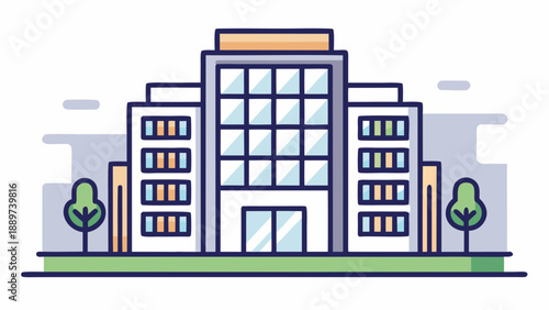 Modern office building with green spaces isolated on white background, Vector