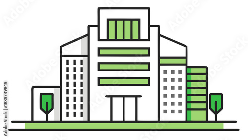 Modern office building with green accents isolated on white background, Vector