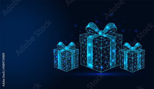 Low poly wireframe three gift boxes with bows on dark blue background.