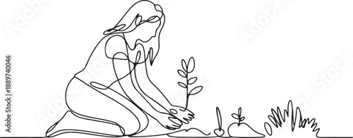 Single continuous line drawing young woman planting a tree in the garden. Ecology concept. The spring planting. Early seedlings grown from seeds. Agriculture. Earth day. one line Icon drawing