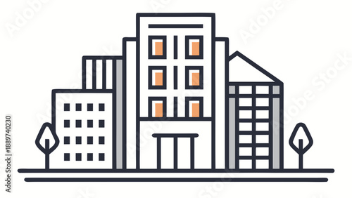 Modern cityscape with office buildings isolated on white background, Vector