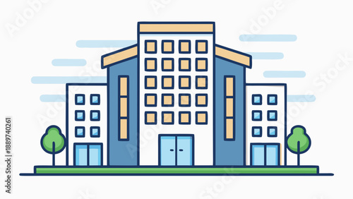 Modern office building with surrounding trees isolated on white background, Vector