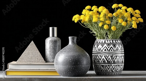 Modern still life with yellow flowers in patterned vase