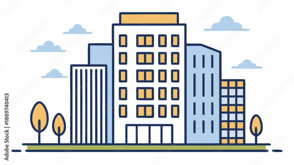 Obraz premium Modern cityscape with office buildings isolated on white background, Vector