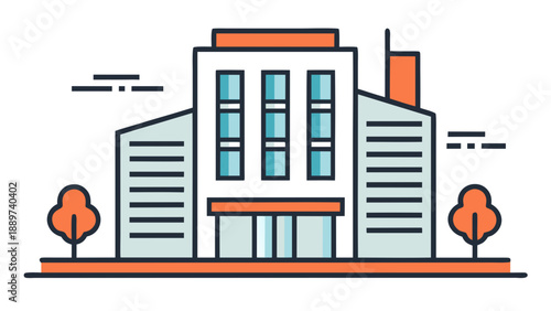 Modern office building with trees isolated on white background, Vector