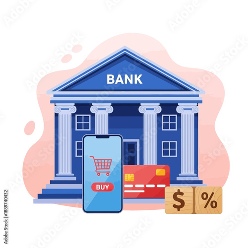 Vector illustration of mobile phone and bank building with shopping and finance elements