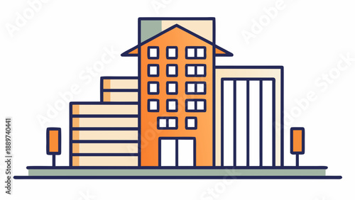 Modern office building with parking isolated on white background, Vector