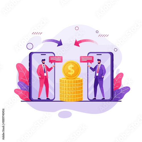 Two businessmen exchanging money on smartphones