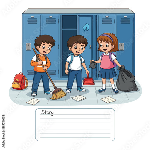 Three kids standing in front of school lockers with cleaning supplies and backpacks nearby