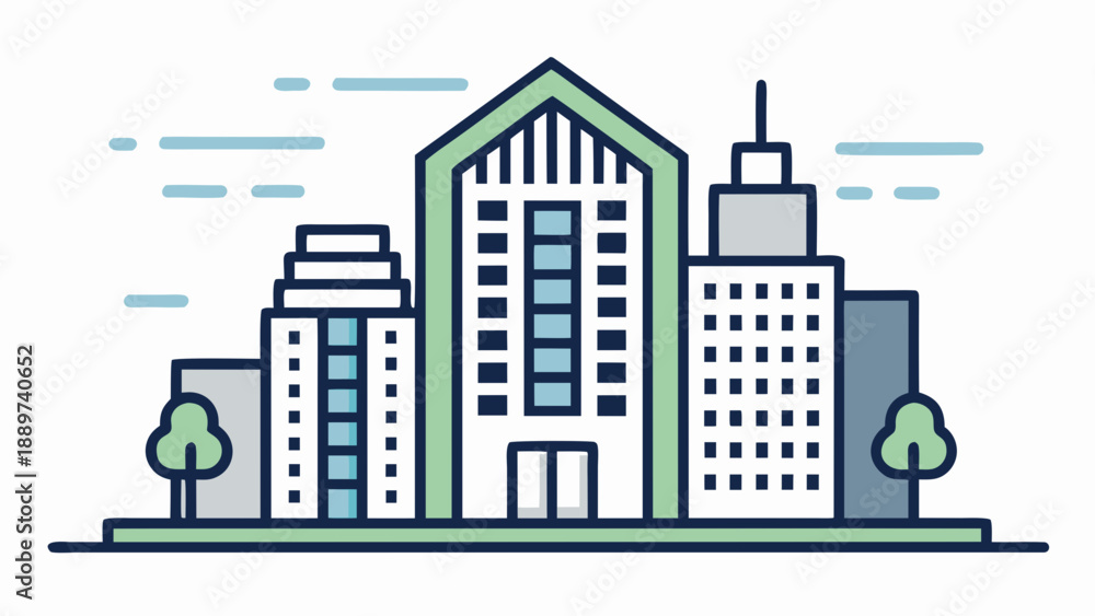 Fototapeta premium Modern cityscape with skyscrapers isolated on white background, Vector