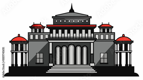 Grand classical building with red accents isolated on white background, Vector