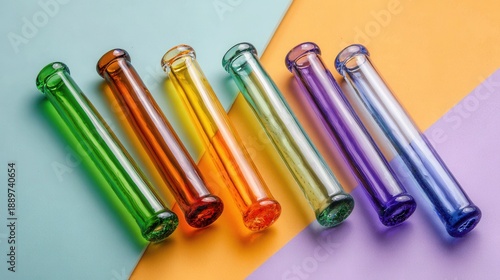 Colorful glass test tubes on pastel geometric background