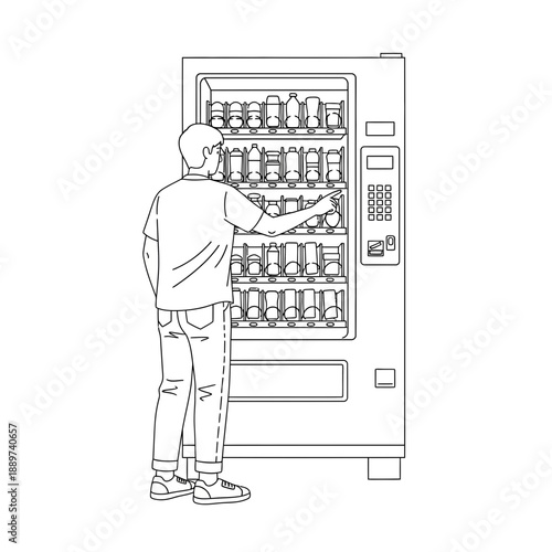 Man standing in front of vending machine with snacks and drinks
