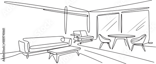 Single one line drawing stylish room with full furniture modern. Furniture showroom with Scandinavian interior design. Open windows with natural lighting. one line Icon drawing