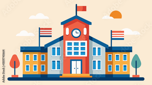 Illustrated school building with flags isolated on white background, Vector