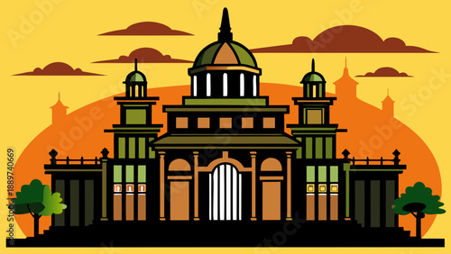 Illustrated grand mansion at sunset isolated on white background, Vector