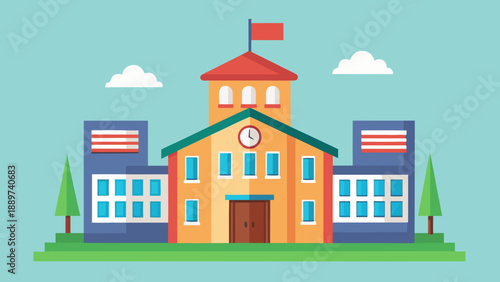 School building with clock tower isolated on white background, Vector