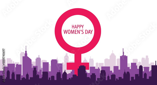 Happy Women’s Day vector with city skyline and female gender symbol illustration