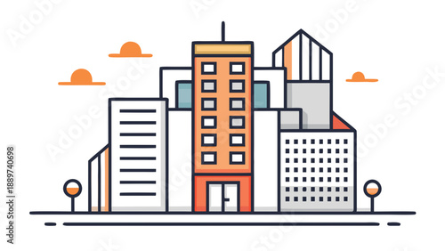 Modern cityscape at sunset isolated on white background, Vector