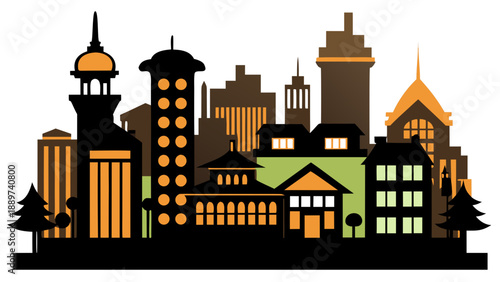 Illustrated cityscape at dusk isolated on white background, Vector