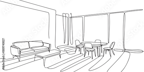 Single one line drawing stylish room with full furniture modern. Furniture showroom with Scandinavian interior design. Open windows with natural lighting. one line Icon drawing
