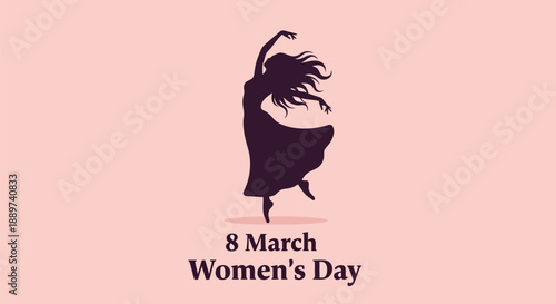 International Women’s Day vector illustration with dancing woman silhouette on pink background