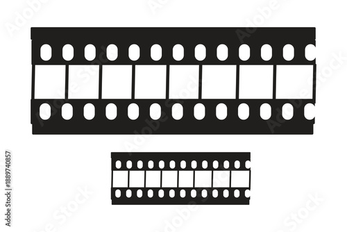 This graphic displays two black film strips against a white background. A large strip sits above a smaller, identical strip. Both strips feature white rectangular frames for images, bordered by white 