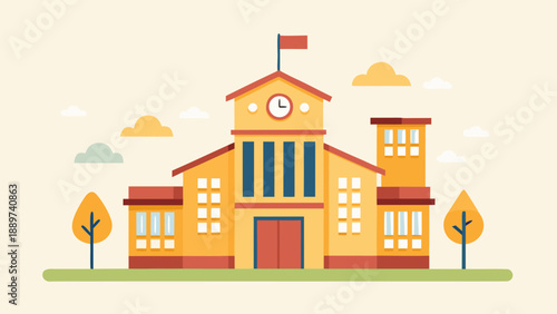 School building with clock tower isolated on white background, Vector
