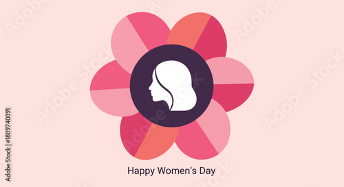 Happy Women's Day flower vector illustration with female silhouette and pink petals