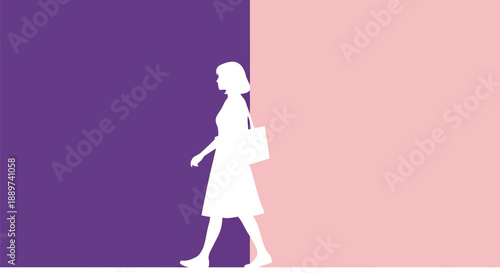 Minimalist woman walking silhouette vector on split purple and pink background