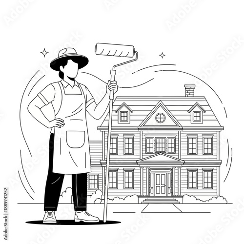 A man in a hat and apron holding a paint roller standing in front of a house with a roof and chimney
