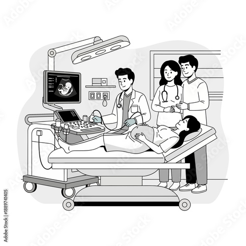 Medical illustration of a doctor performing an ultrasound on a pregnant woman with her partner