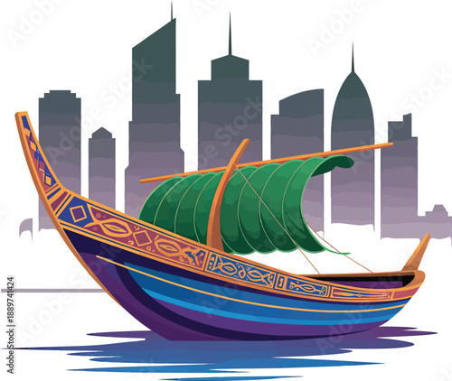 Vector Traditional Boat with Green Sail and Ornate Hull Floating Before Modern City Skyline Symbolizing Heritage and Urban Progress.