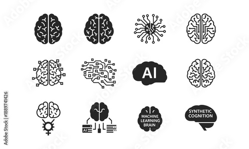 Collection of various black and white brain icons and ai symbols