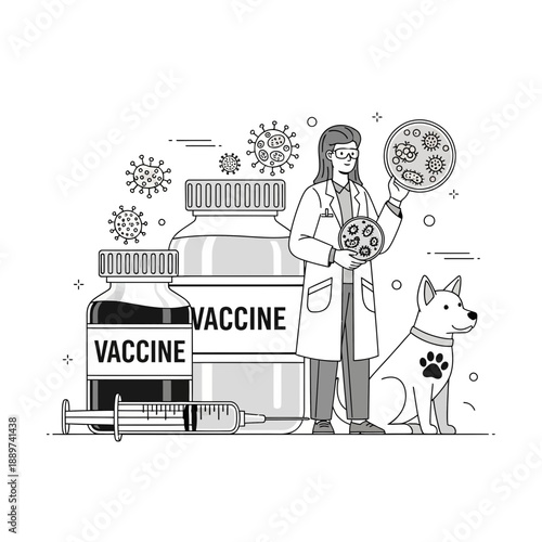 Veterinarian with dog and vaccine bottles