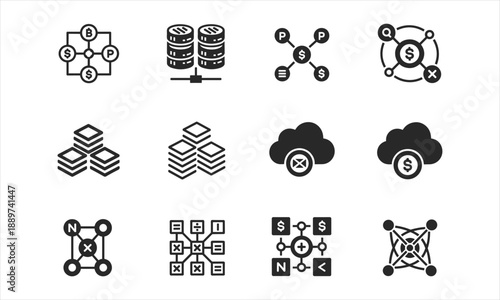 Collection of various business and finance icons in black and white