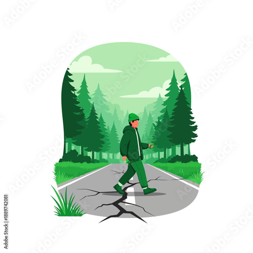 Man walking on a cracked road in a forest with trees and a green landscape